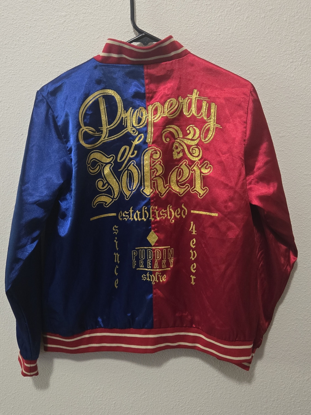 DC Suicide Squad Harley Quinn Satin Bomber Jacket - Property Of Joker Blue & Red